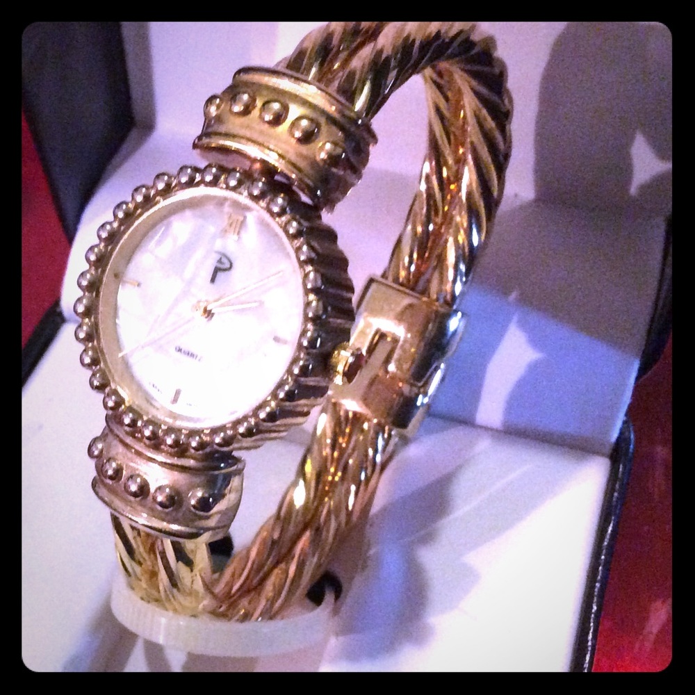 P gold tone round face braid look bracelet watch
